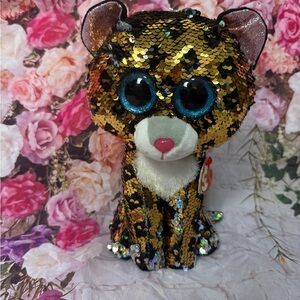 Sequin TY Flippables Leopard Plush with Blue Eyes